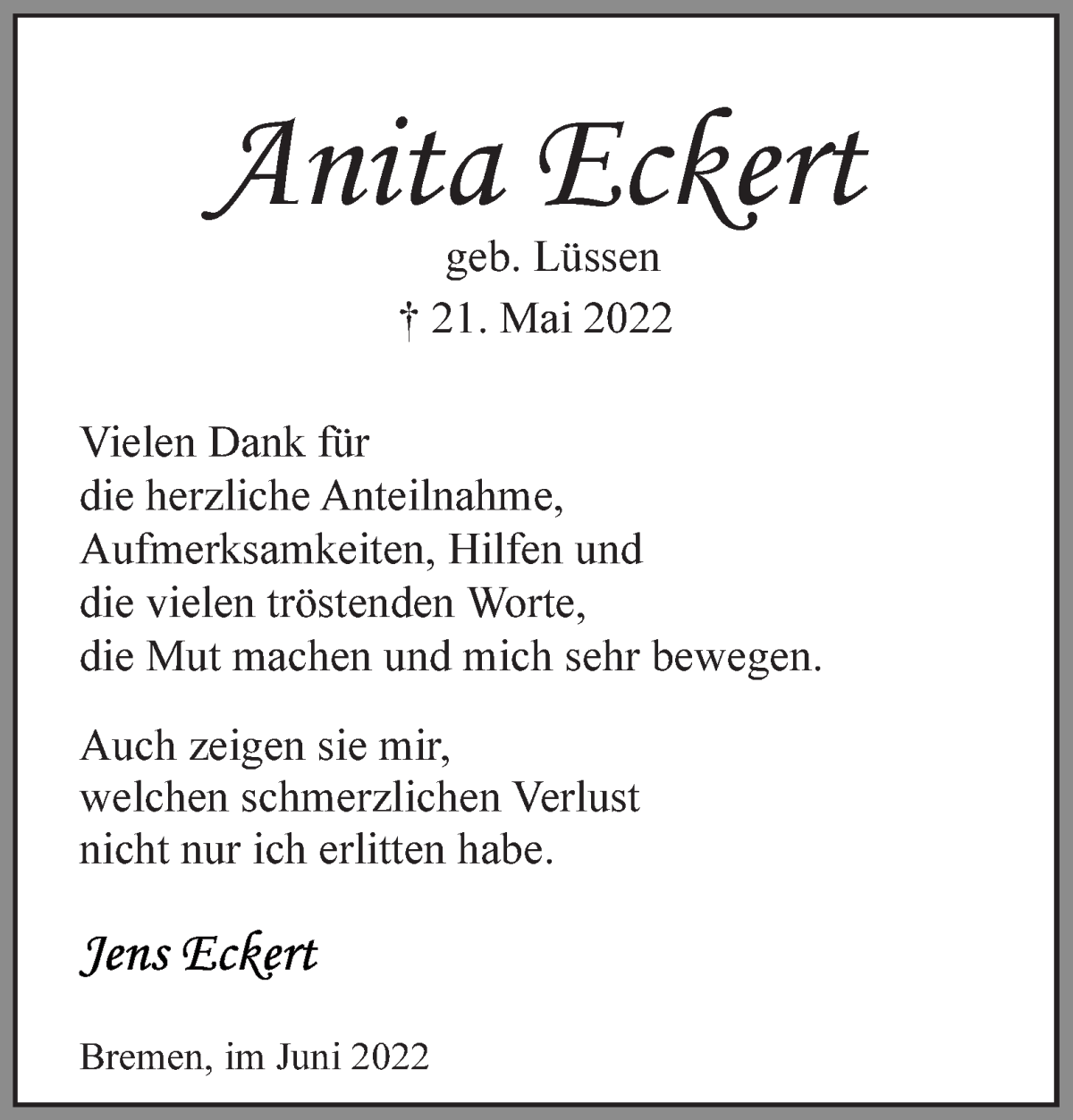 Traueranzeige von Anita Eckert von WESER-KURIER