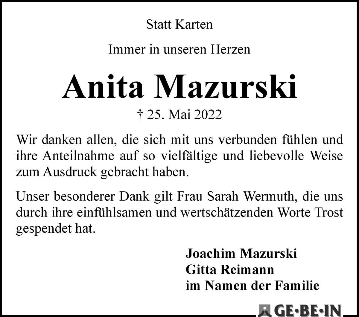Traueranzeige von Anita Mazurski von WESER-KURIER
