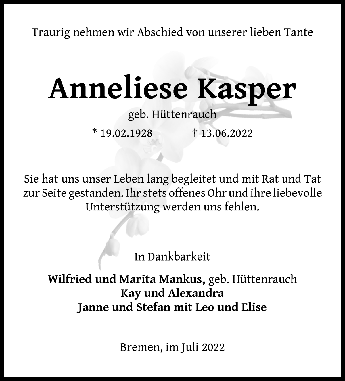 Traueranzeige von Anneliese Kasper von Die Norddeutsche
