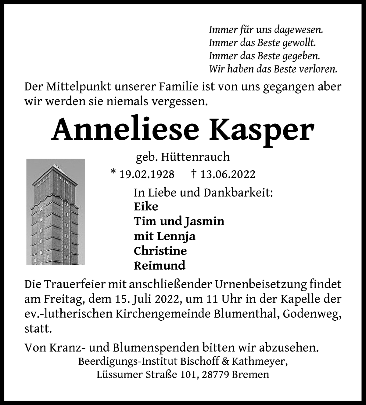 Traueranzeige von Anneliese Kasper von Die Norddeutsche
