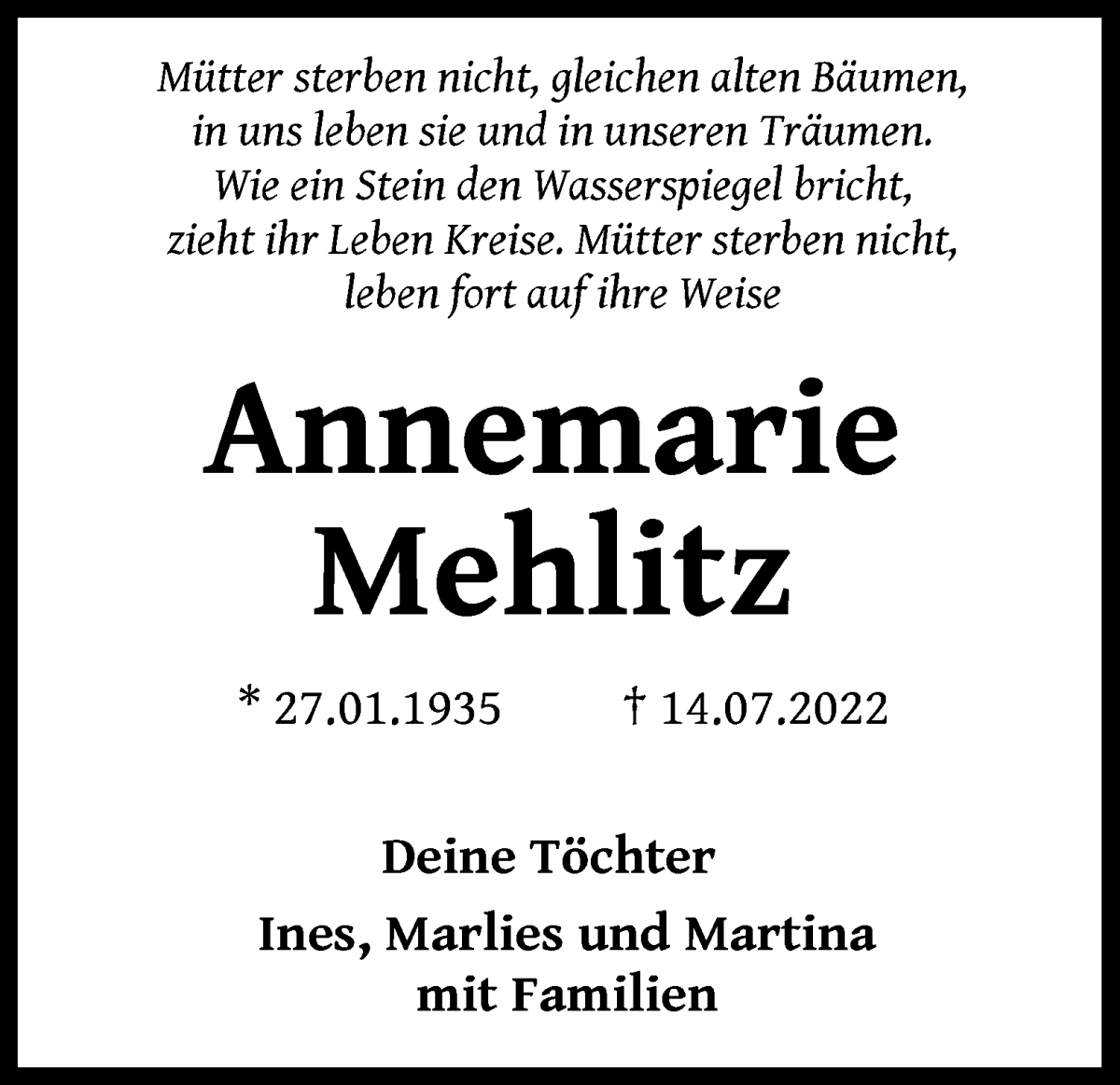 Traueranzeige von Annemarie Mehlitz von WESER-KURIER