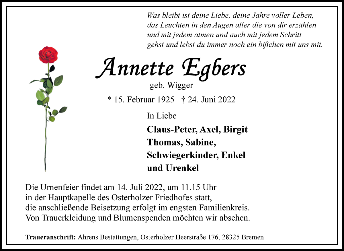 Traueranzeige von Annette Egbers von WESER-KURIER
