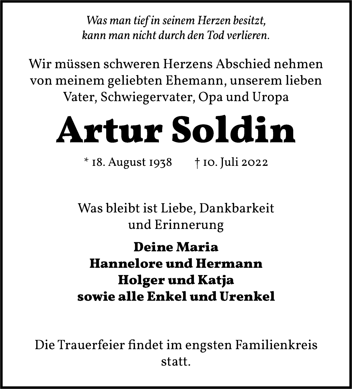 Traueranzeige von Artur Soldin von Die Norddeutsche