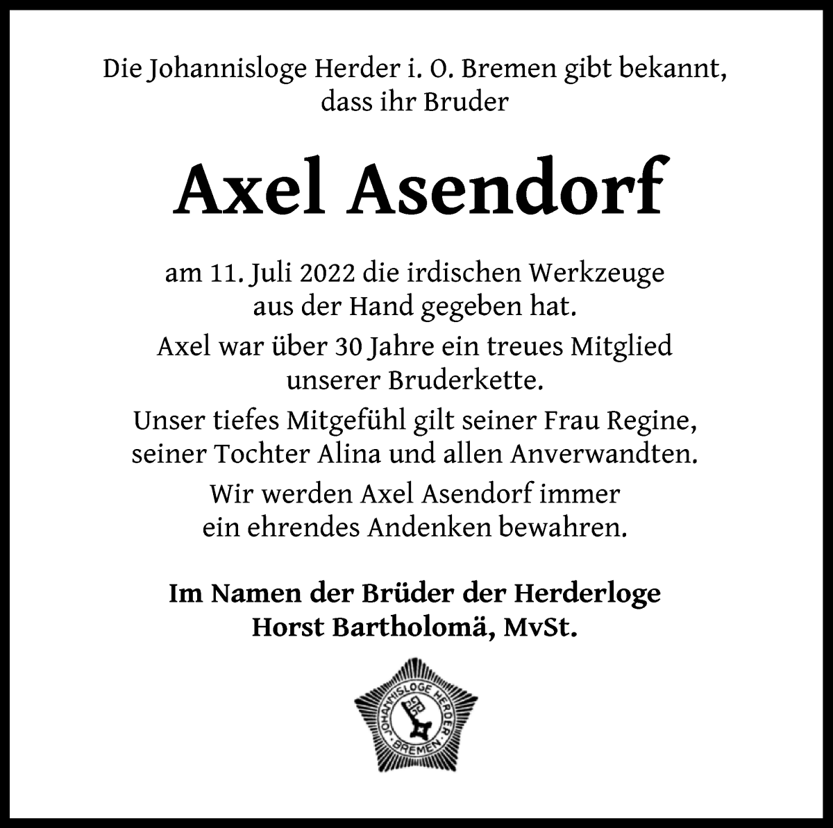 Traueranzeige von Axel Asendorf von WESER-KURIER
