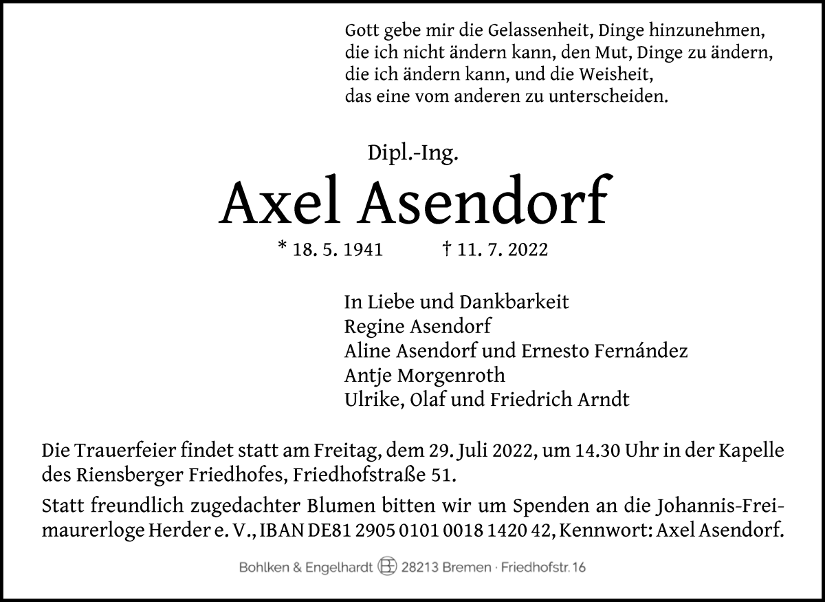 Traueranzeige von Axel Asendorf von WESER-KURIER