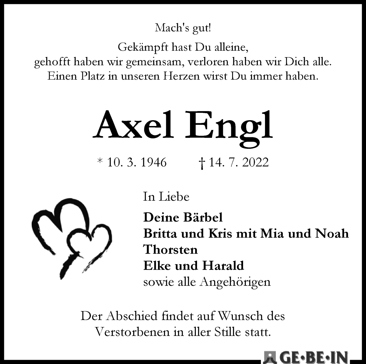 Traueranzeige von Axel Engl von WESER-KURIER
