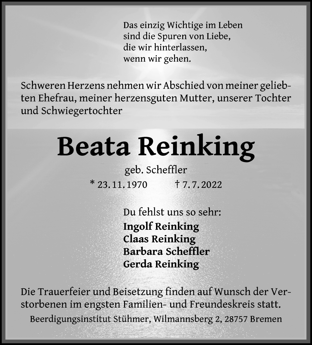 Traueranzeige von Beata Reinking von WESER-KURIER