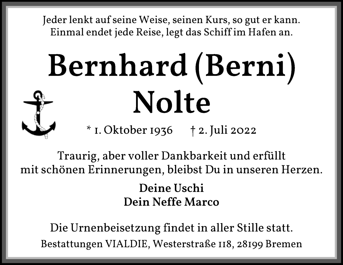 Traueranzeige von Bernhard (Berni) Nolte von WESER-KURIER