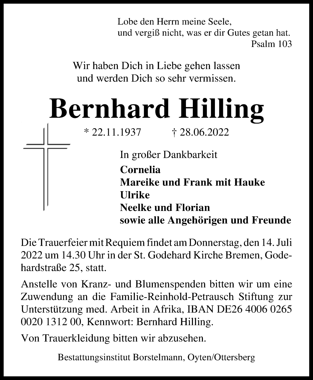 Traueranzeige von Bernhard Hilling von WESER-KURIER