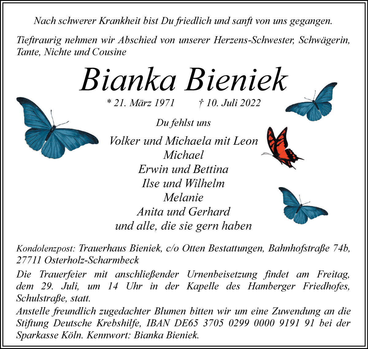 Traueranzeige von Bianka Bieniek von Osterholzer Kreisblatt