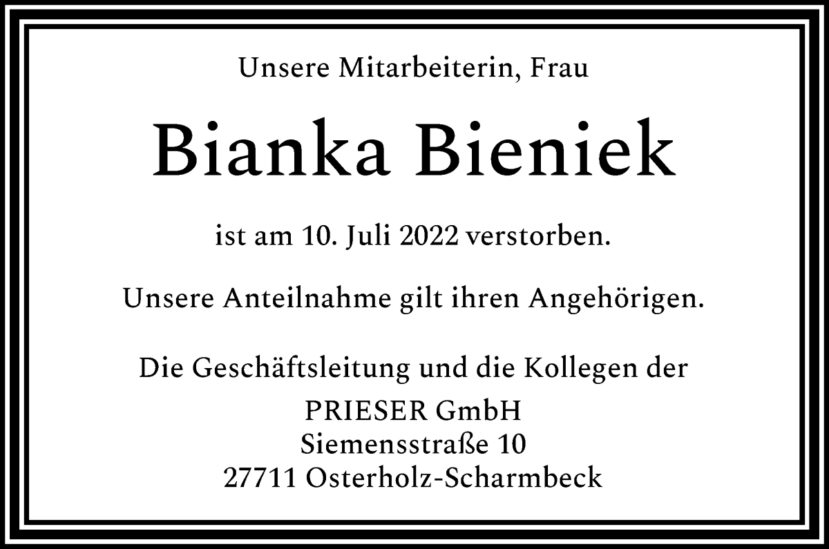 Traueranzeige von Bianka Bieniek von Osterholzer Kreisblatt