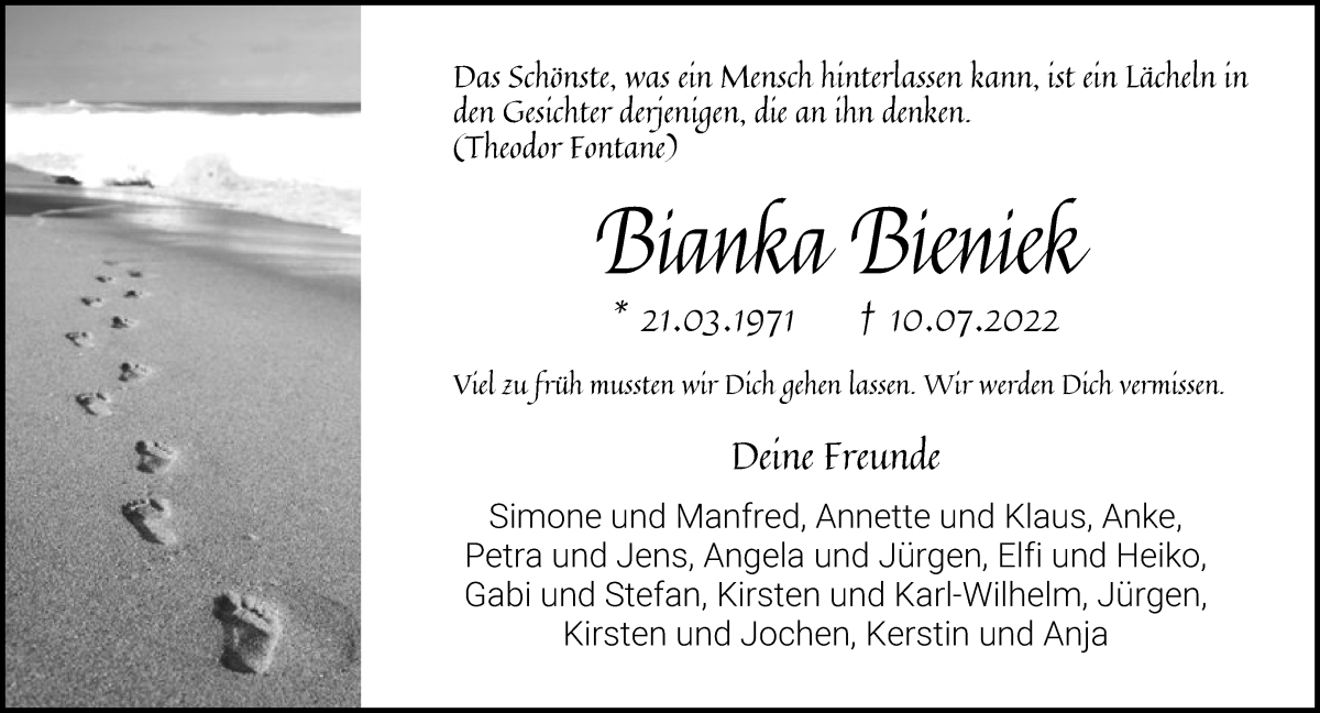 Traueranzeige von Bianka Bieniek von Osterholzer Kreisblatt