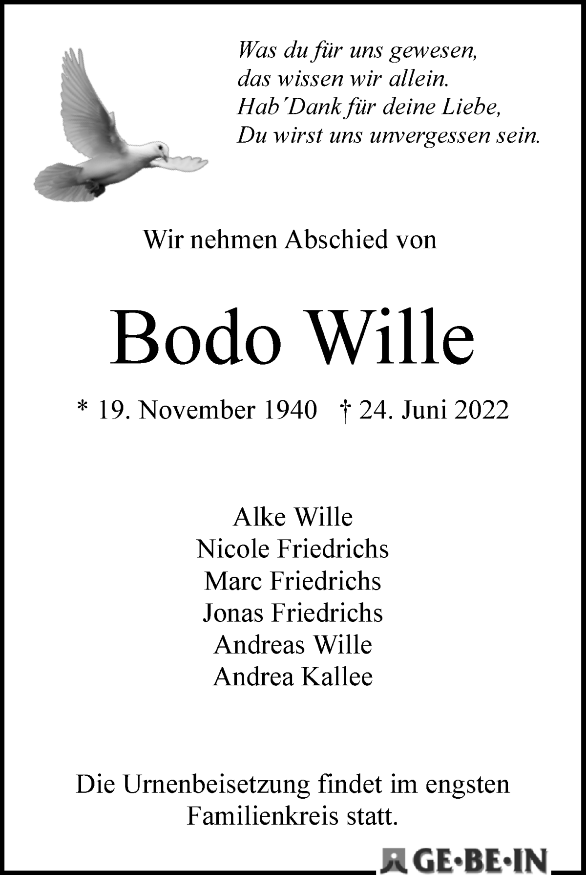 Traueranzeige von Bodo Wille von Die Norddeutsche