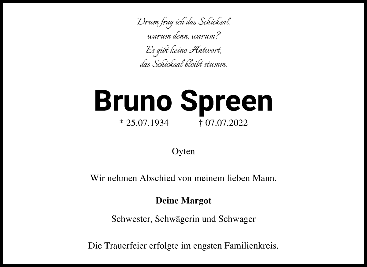 Traueranzeige von Bruno Spreen von WESER-KURIER