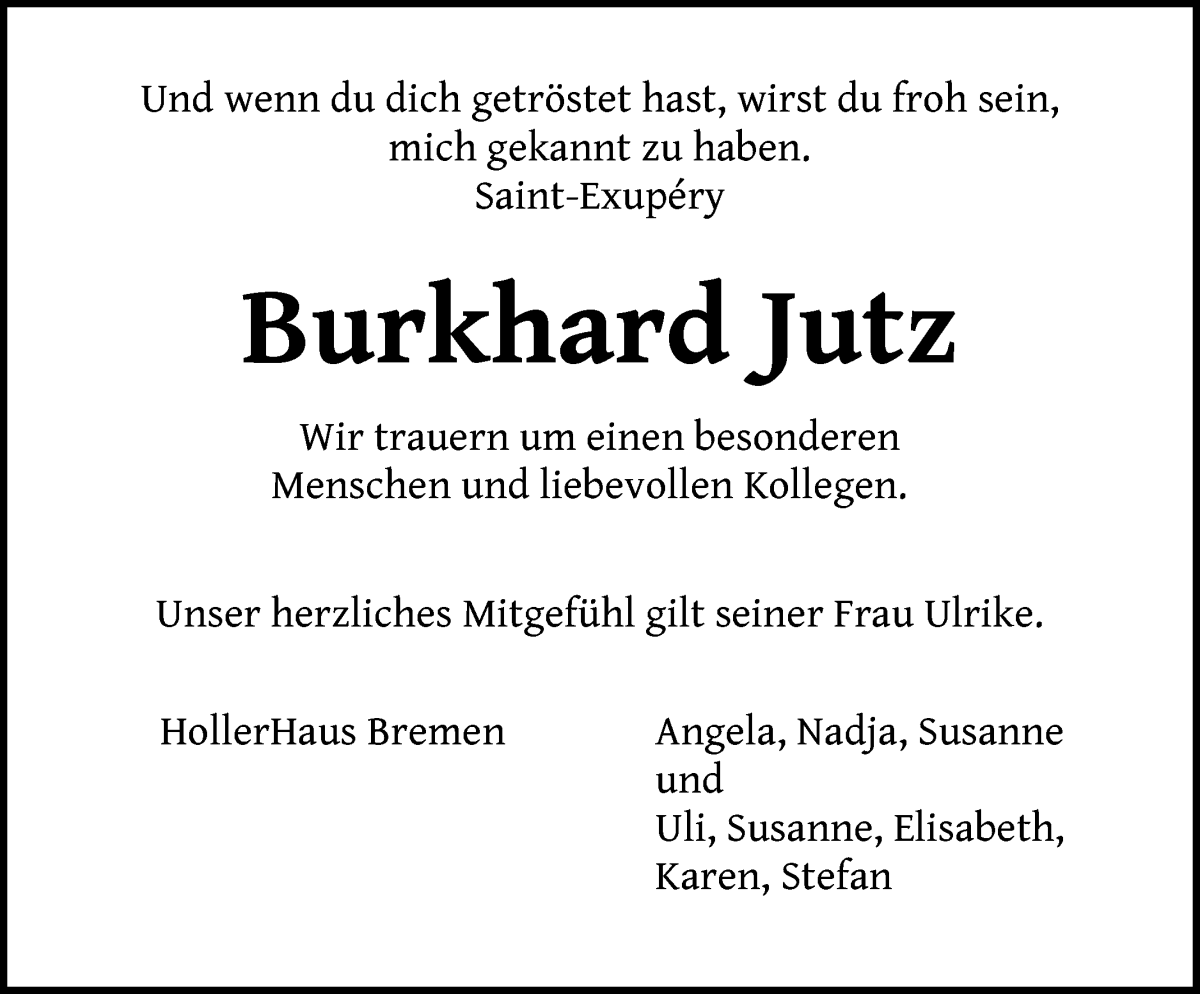 Traueranzeige von Burkhard Jutz von WESER-KURIER