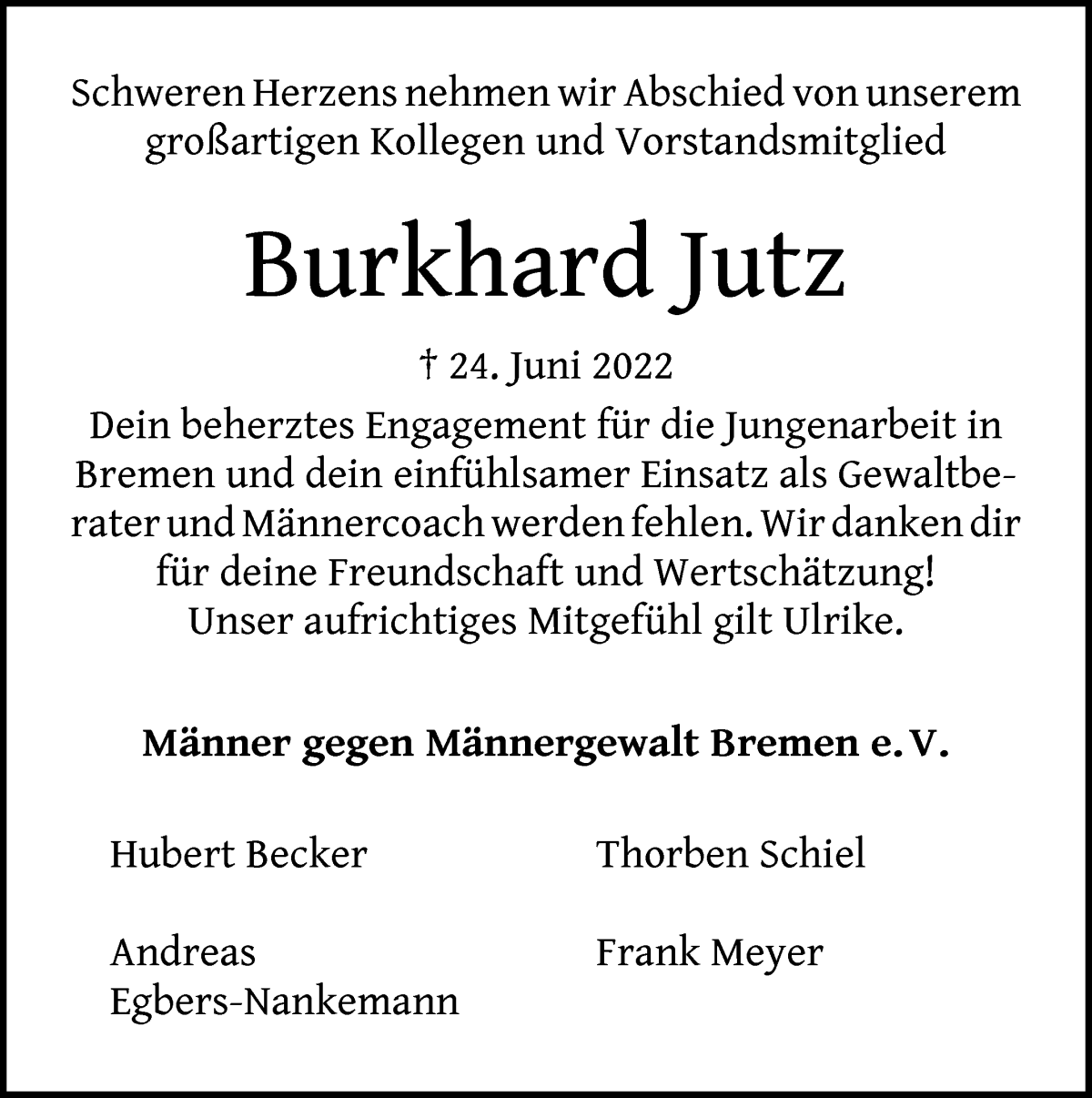Traueranzeige von Burkhard Jutz von WESER-KURIER