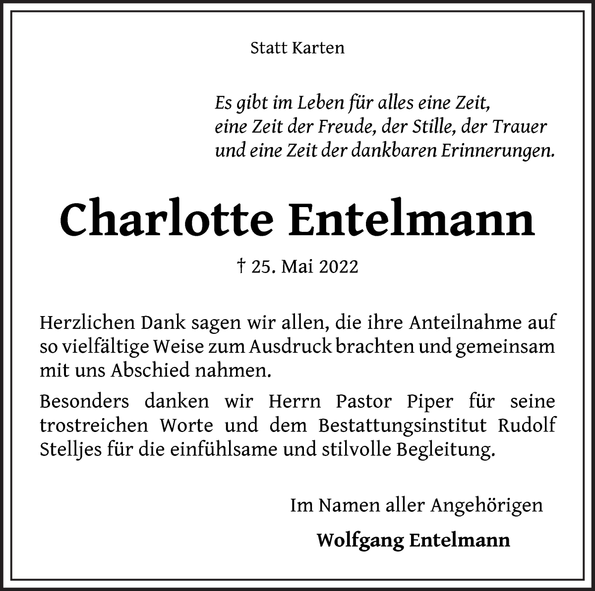 Traueranzeige von Charlotte Entelmann von Wuemme Zeitung