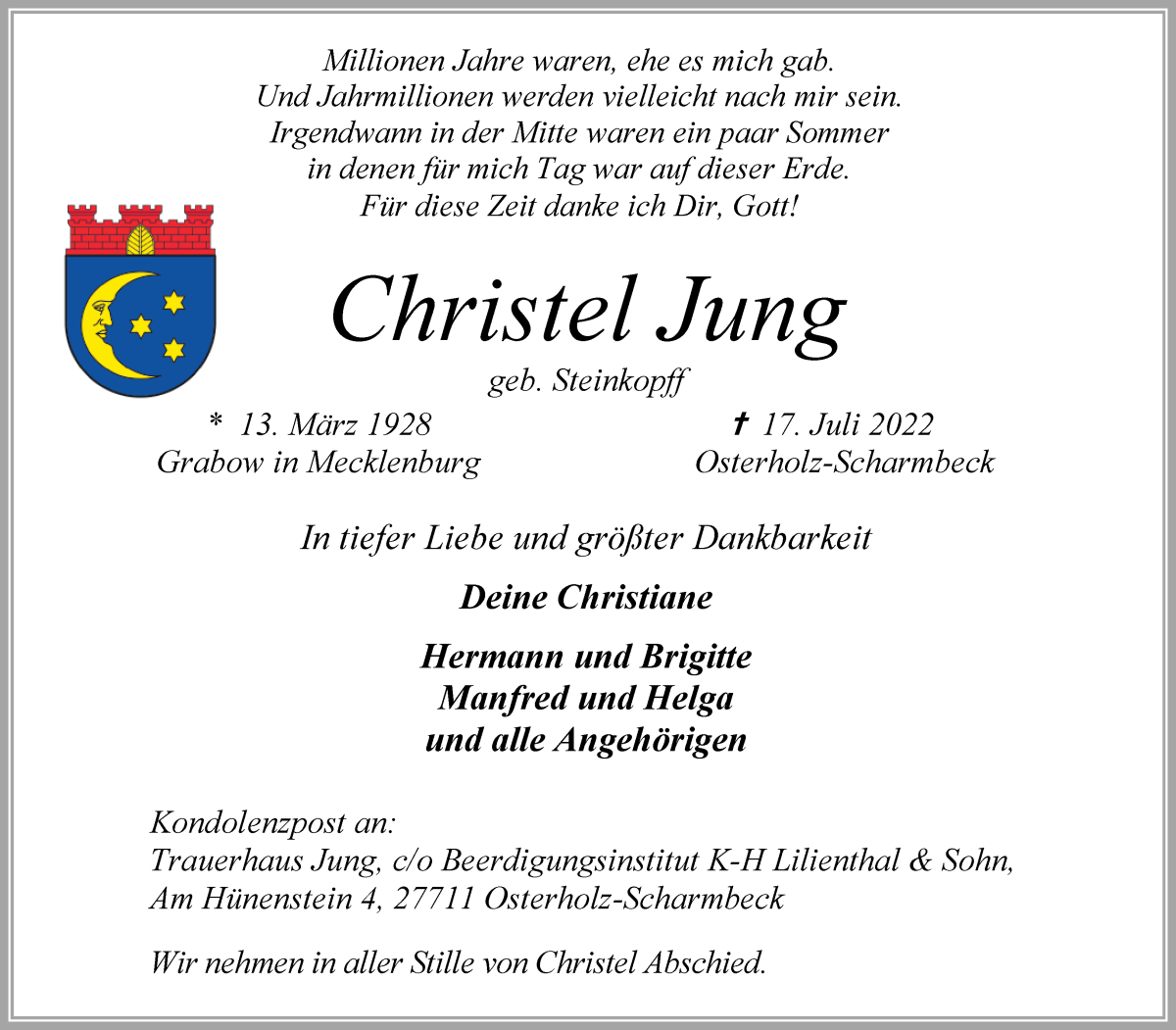 Traueranzeige von Christel Jung von Osterholzer Kreisblatt