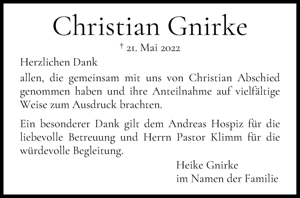 Traueranzeige von Christian Gnirke von WESER-KURIER