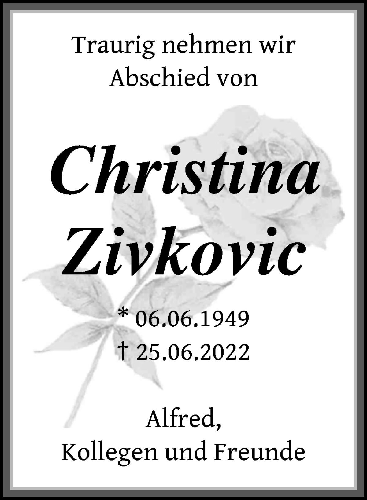 Traueranzeige von Christina Zivkovic von WESER-KURIER