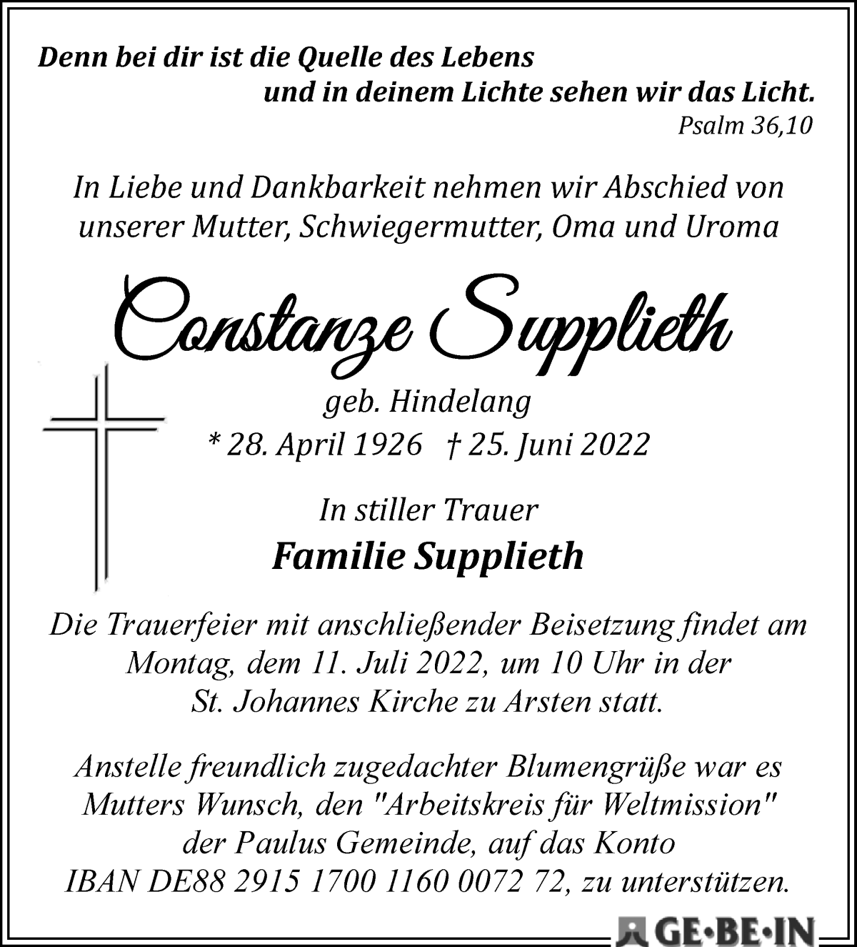 Traueranzeige von Constanze Supplieth von WESER-KURIER