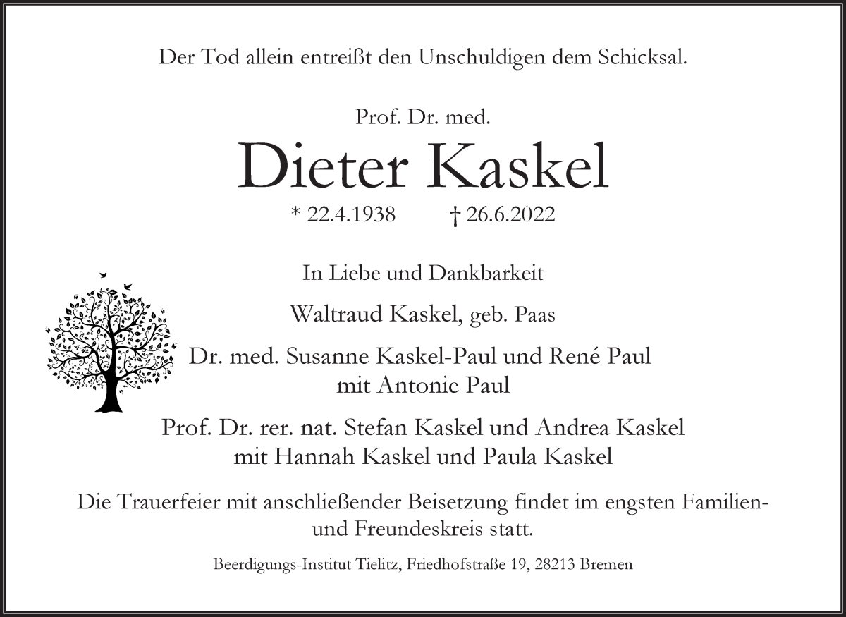 Traueranzeige von Dieter Kaskel von WESER-KURIER