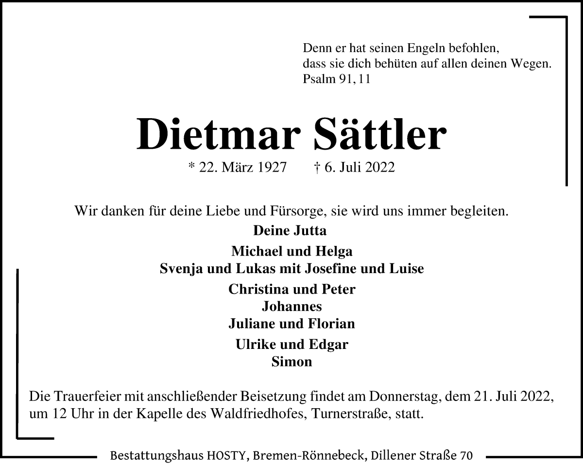 Traueranzeige von Dietmar Sättler von Die Norddeutsche