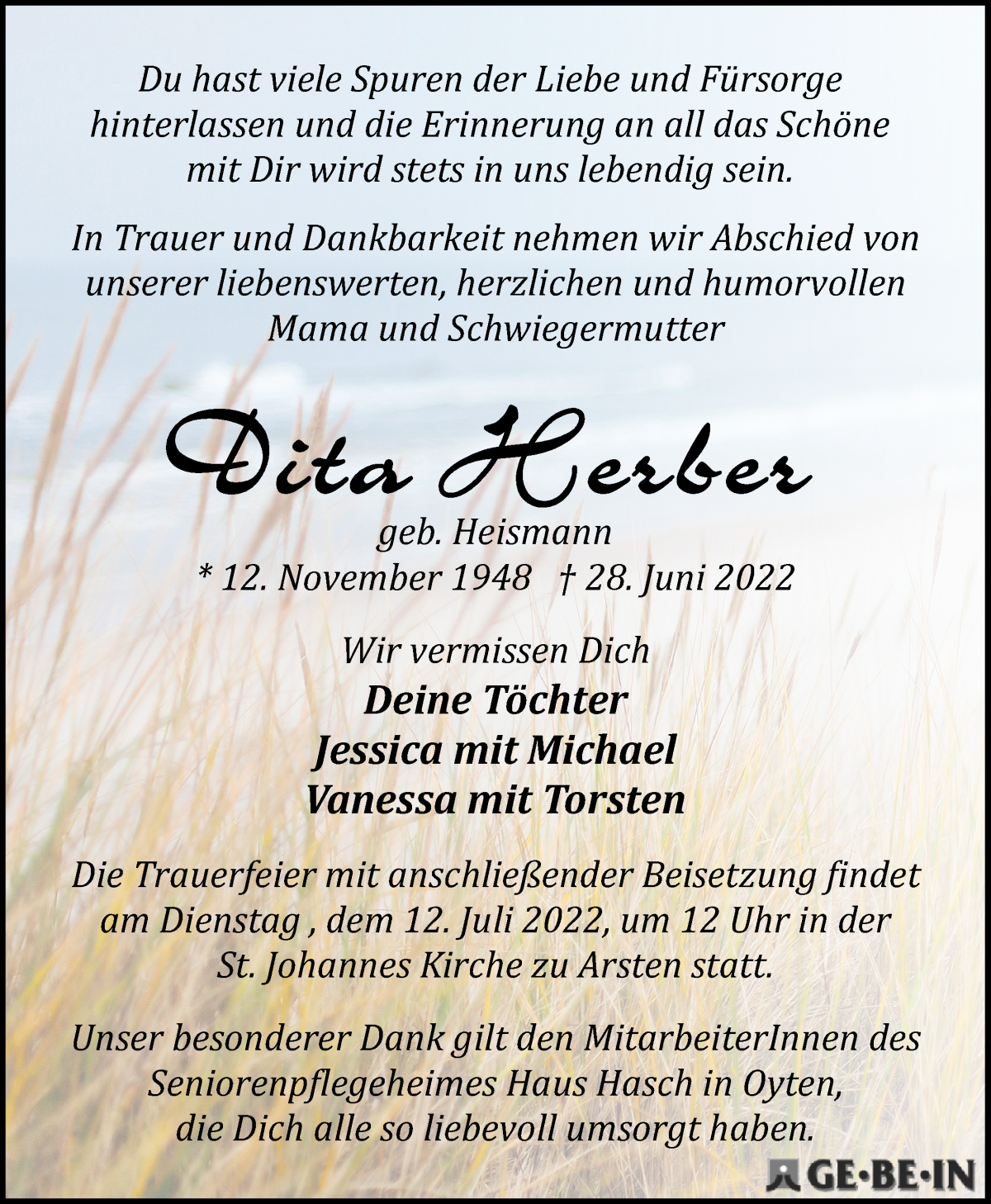 Traueranzeige von Dita Herber von WESER-KURIER