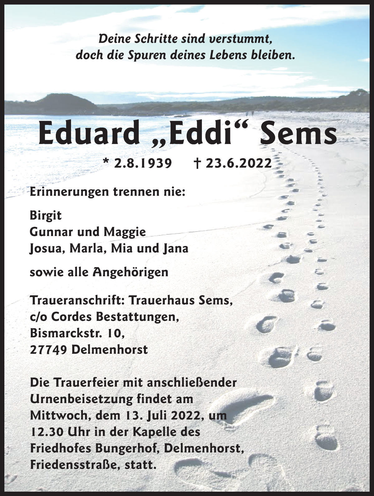 Traueranzeige von Eduard Sems von WESER-KURIER