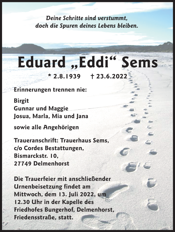 Traueranzeige von Eduard Sems von WESER-KURIER