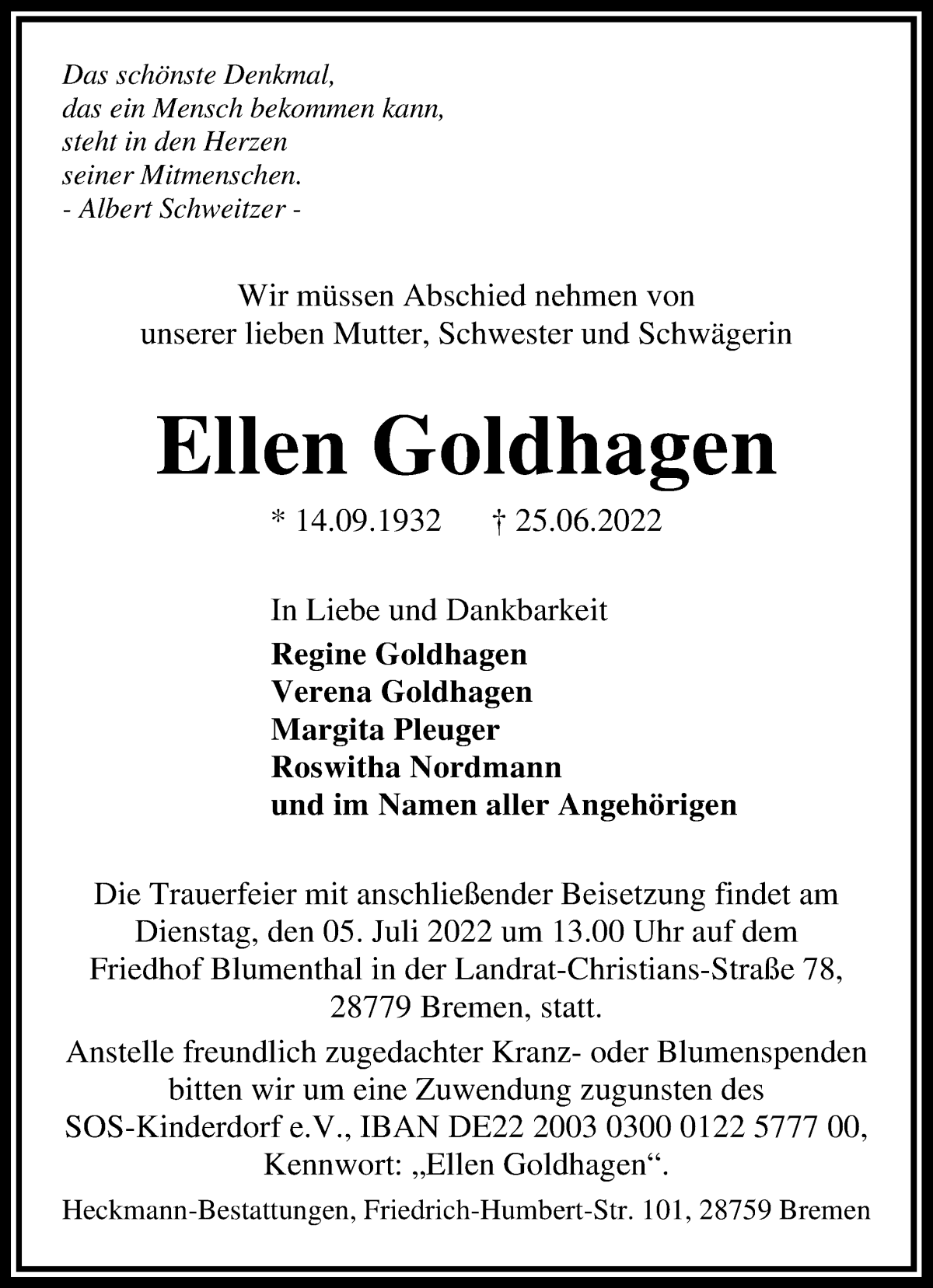 Traueranzeige von Ellen Goldhagen von Die Norddeutsche