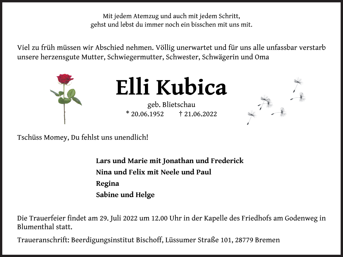 Traueranzeige von Elli Kubica von Die Norddeutsche