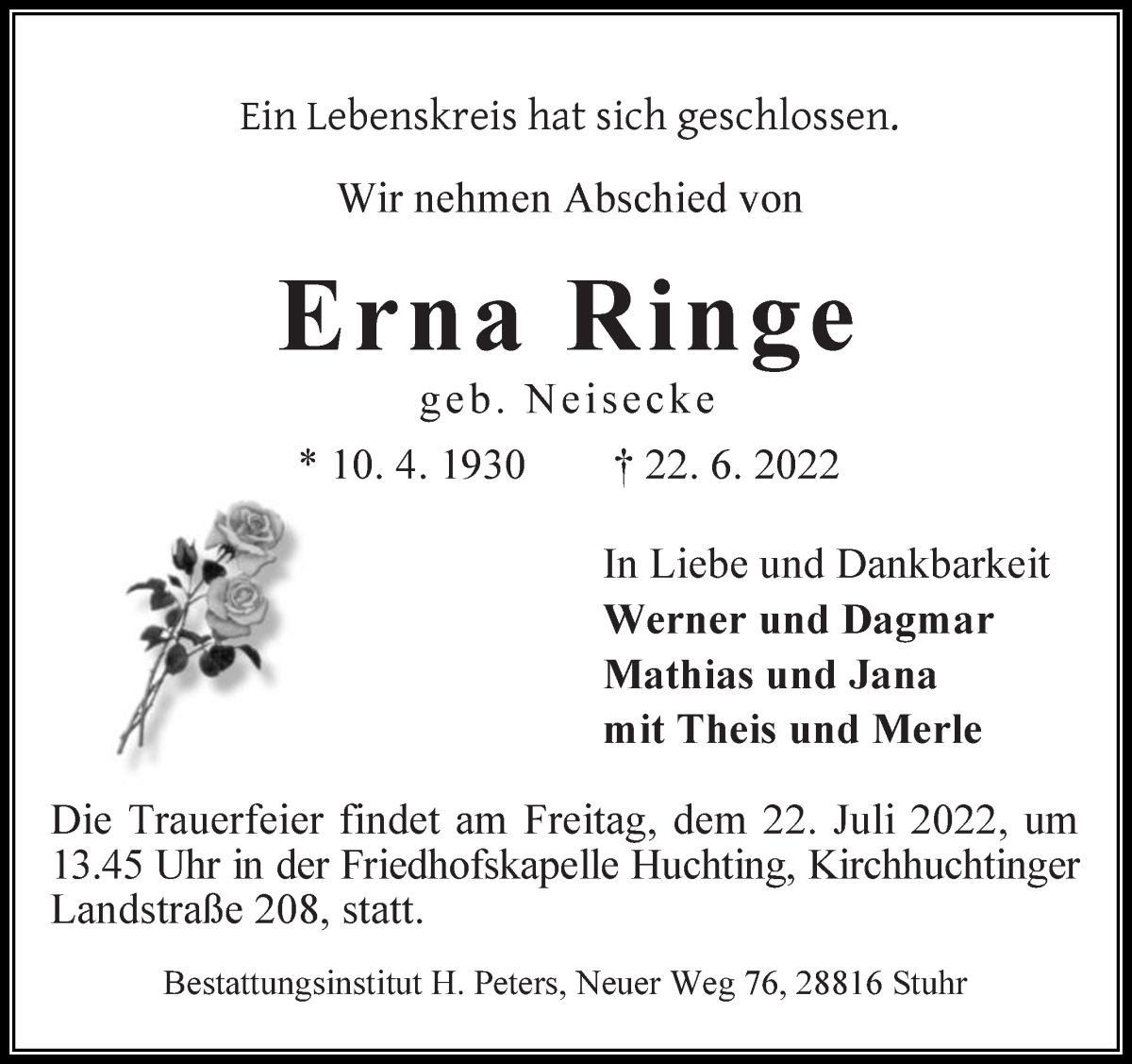 Traueranzeige von Erna Ringe von WESER-KURIER
