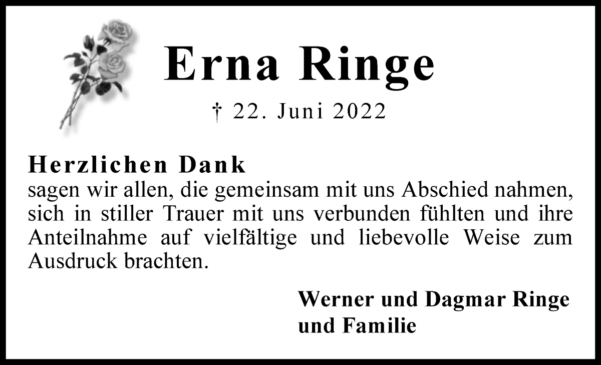 Traueranzeige von Erna Ringe von WESER-KURIER