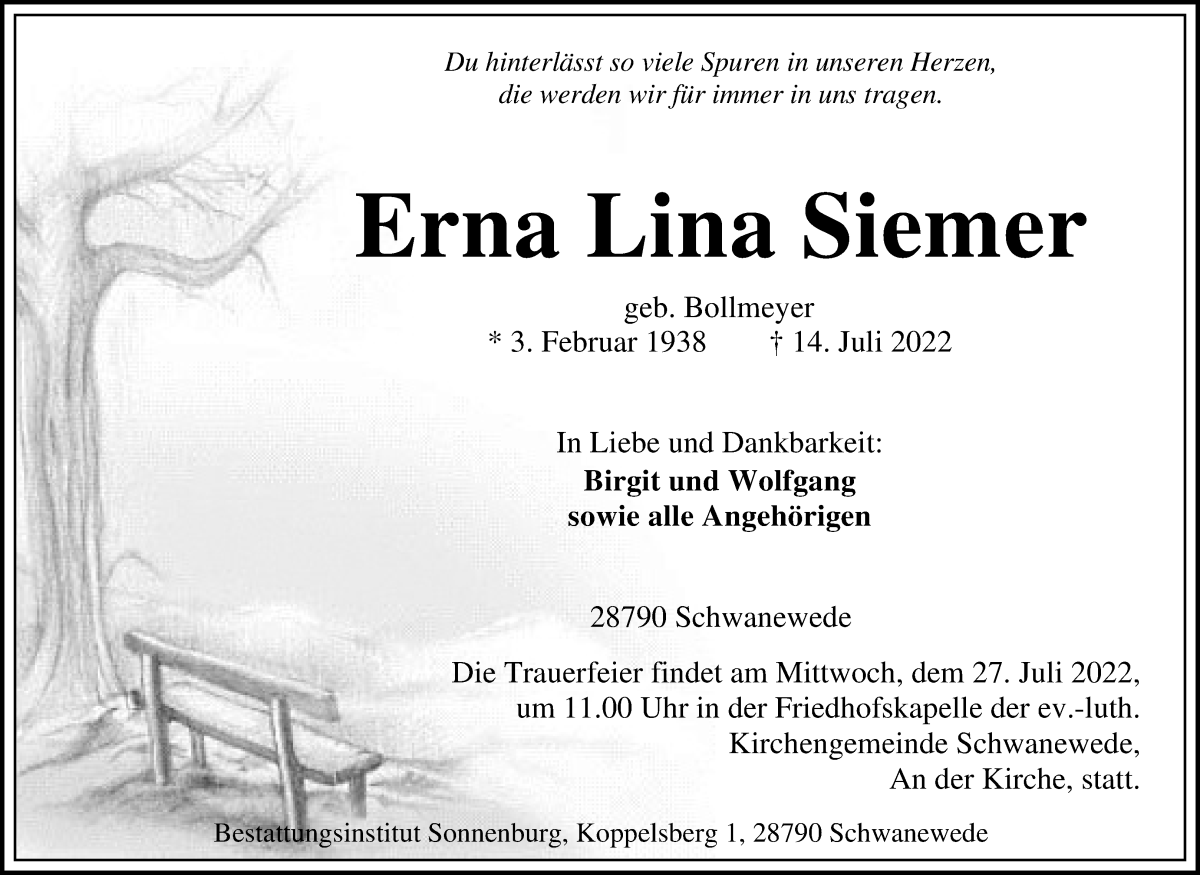 Traueranzeige von Erna Lina Siemer von Die Norddeutsche