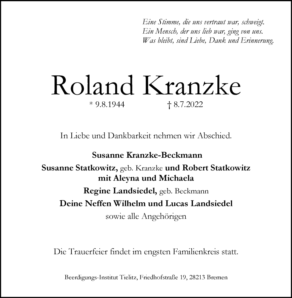 Traueranzeige von Roland Kranzke 