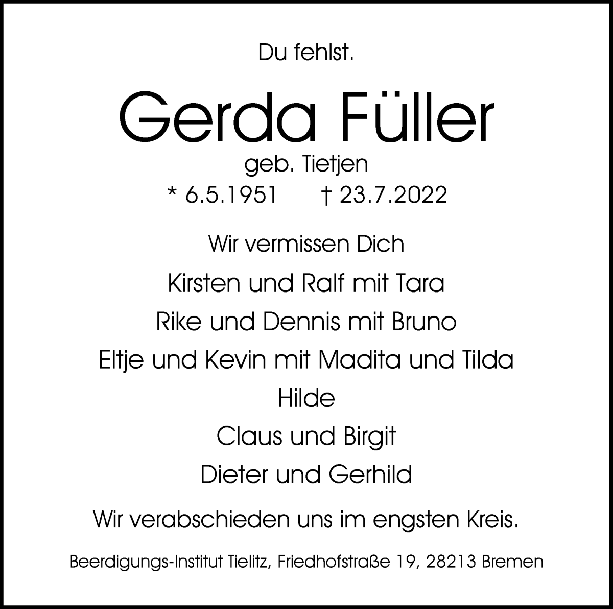 Traueranzeige von Gerda Füller von WESER-KURIER