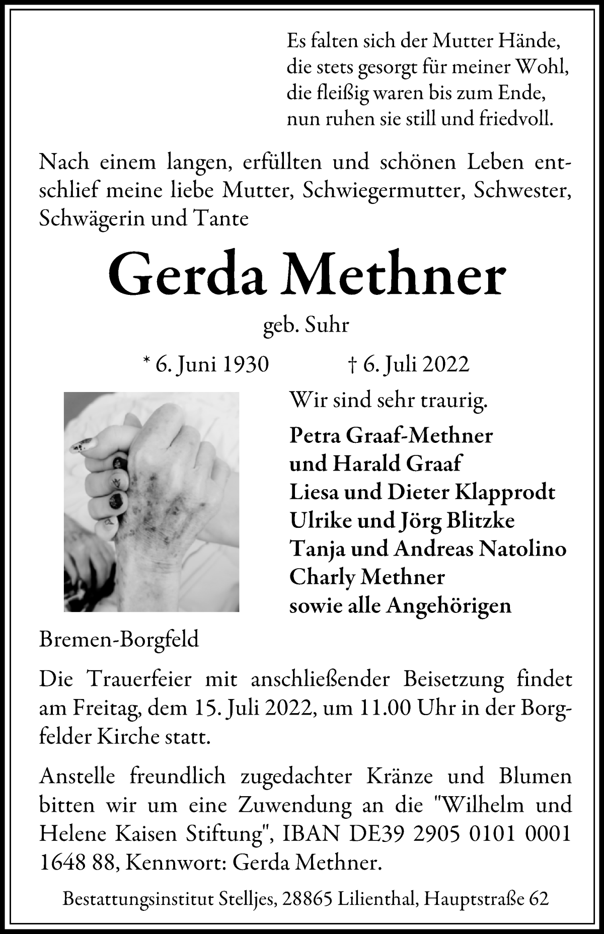 Traueranzeige von Gerda Methner von Wuemme Zeitung