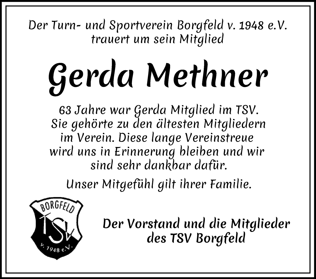 Traueranzeige von Gerda Methner von Wuemme Zeitung