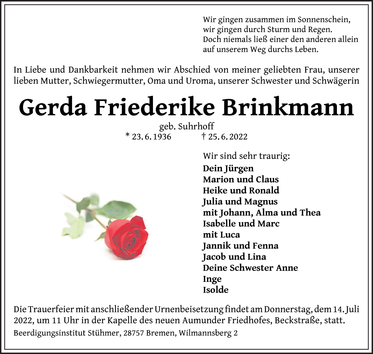 Traueranzeige von Gerda Friederike Brinkmann von Die Norddeutsche