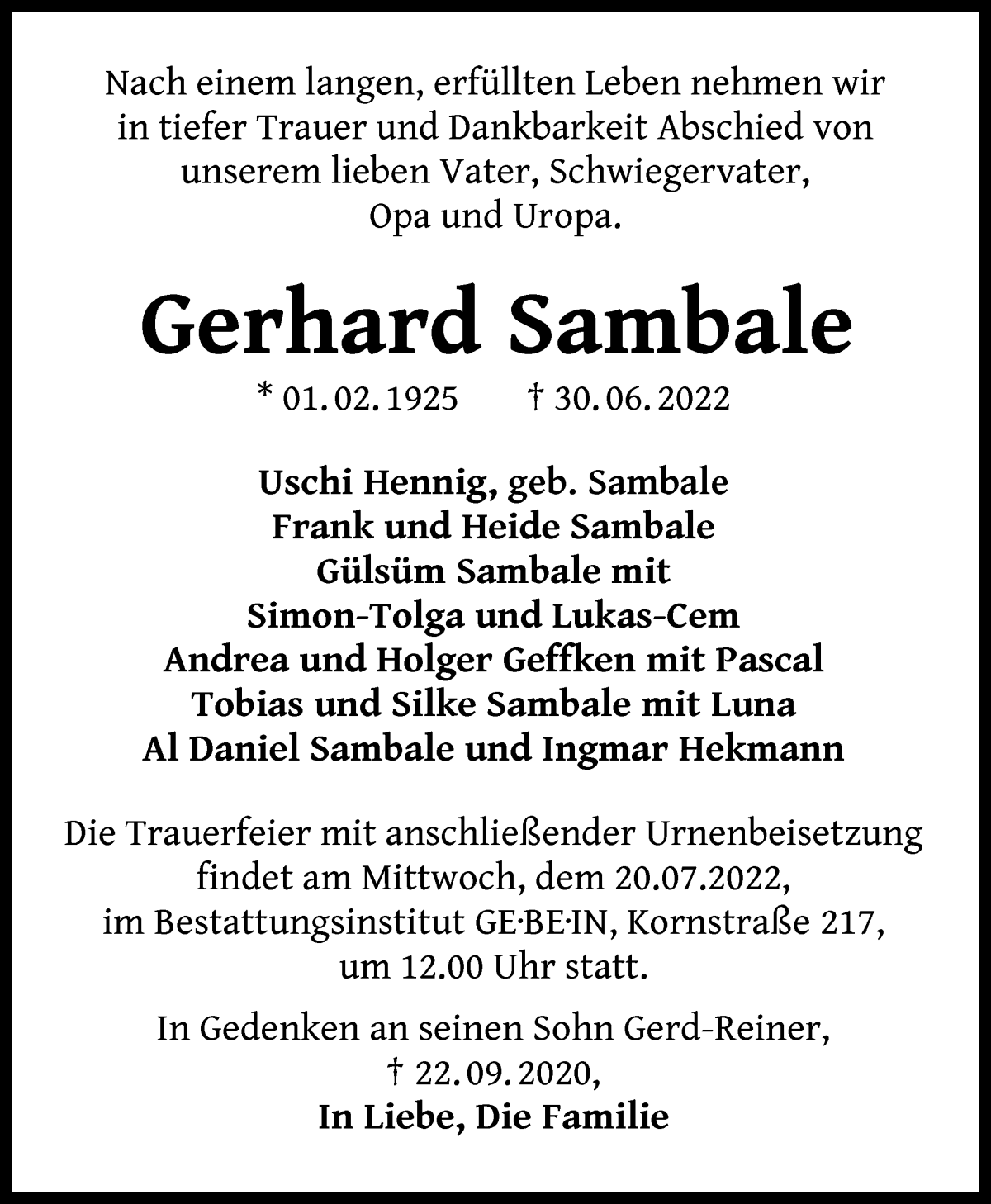 Traueranzeige von Gerhard Sambale von WESER-KURIER