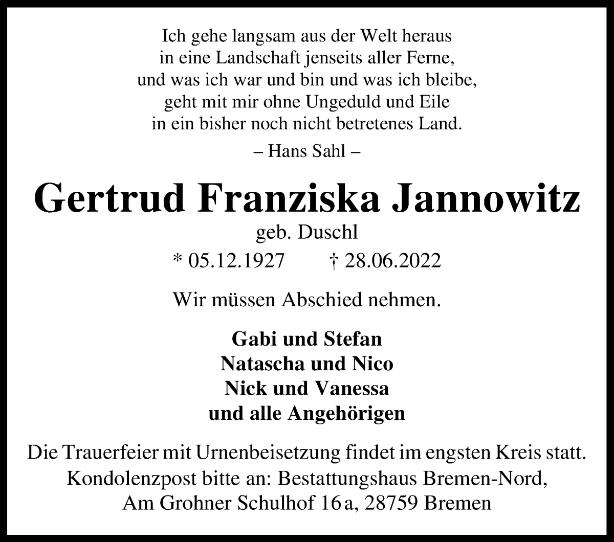 Traueranzeige von Gertrud Franziska Jannowitz von Die Norddeutsche