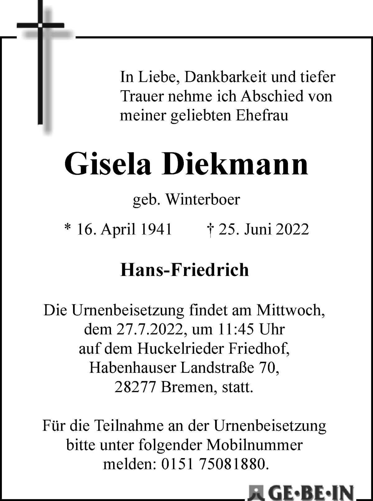 Traueranzeige von Gisela Diekmann von WESER-KURIER