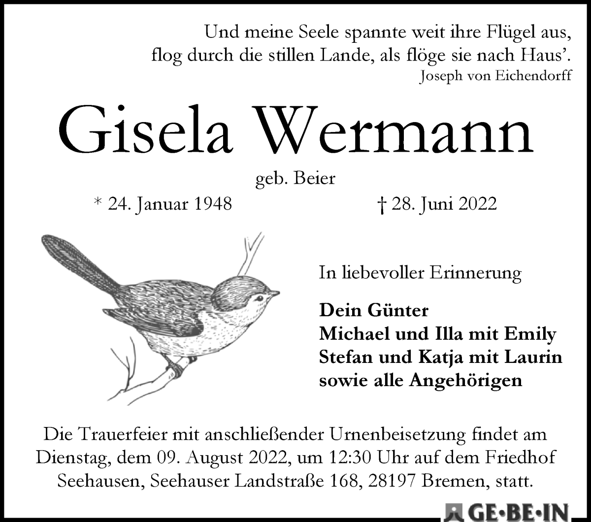 Traueranzeige von Gisela Wermann von WESER-KURIER