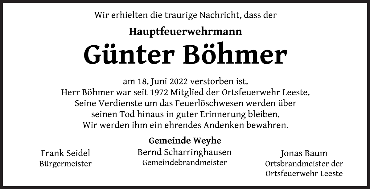 Traueranzeige von Günter Böhmer von Regionale Rundschau/Syker Kurier