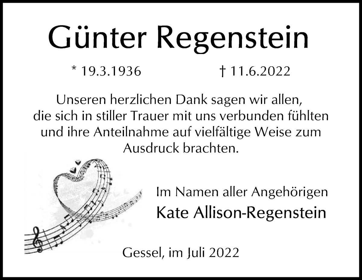 Traueranzeige von Günter Regenstein von WESER-KURIER