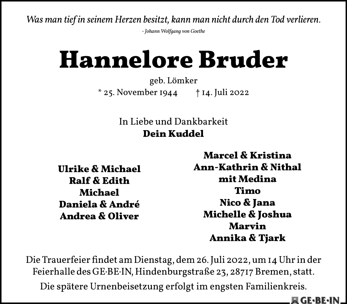 Traueranzeige von Hannelore Bruder von Die Norddeutsche