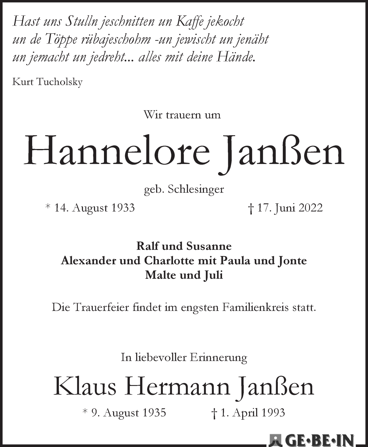 Traueranzeige von Hannelore Janßen von WESER-KURIER