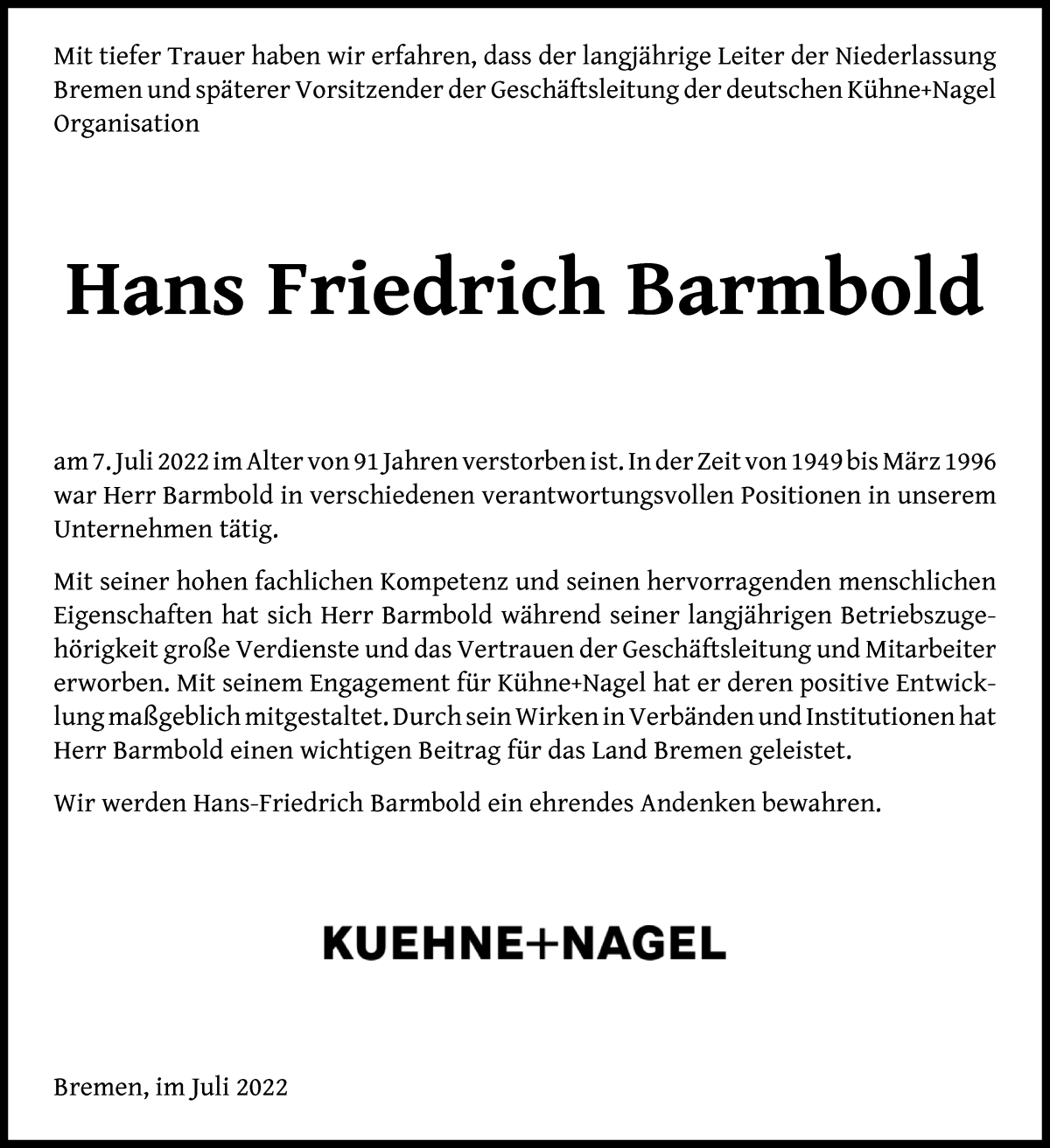 Traueranzeige von Hans-Friedrich Barmbold von WESER-KURIER