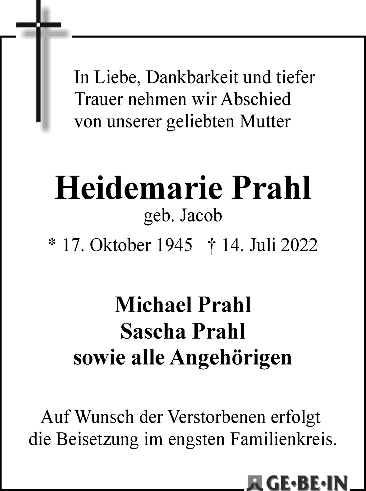 Traueranzeige von Heidemarie Prahl von WESER-KURIER